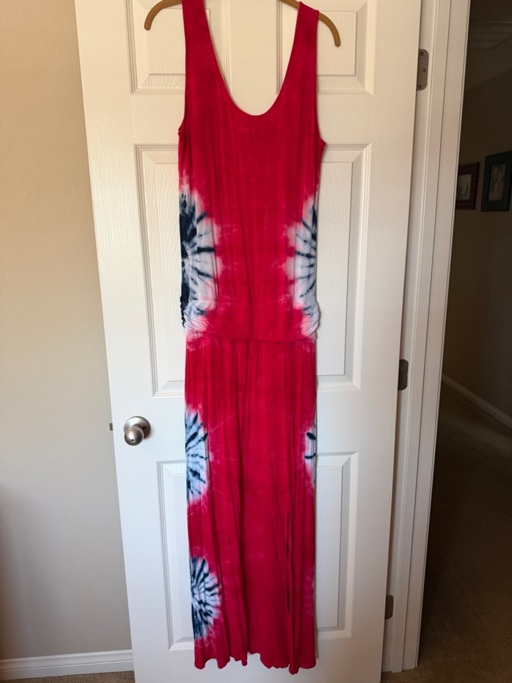 VENUS Red Tie-Dye Maxi Dress with Blue & White Burst Accents